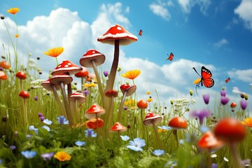 Colorful meadow with red toadstools. Generative AI