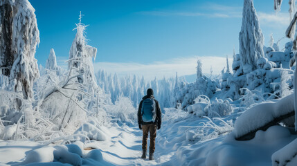Photographer capturing winter scenery aided by superior warmth-retaining thermal attire  - obrazy, fototapety, plakaty