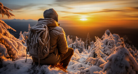 Photographer capturing winter scenery aided by superior warmth-retaining thermal attire  - obrazy, fototapety, plakaty
