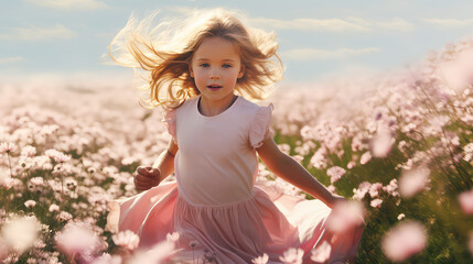 Сute little girl in a dress running through a flowery blooming field with lots of flowers in summer. Pink color. 