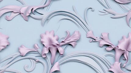  a pattern of pink flowers on a light blue background with swirls.  generative ai
