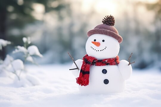 snowman in forest, Christmas and Happy New Year concept, copy space