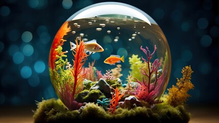 Obraz na płótnie Canvas a fish is swimming in an aquarium with algaes and corals. generative ai