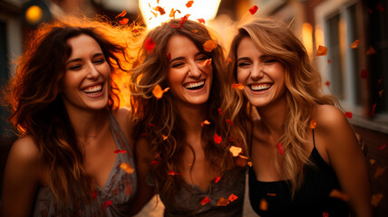 group of young women having fun in the autumn park