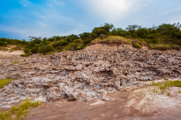 Fototapeta na wymiar Broken dry soil in a Pampas lagoon, La Pampa province, Patagonia, Argentina.