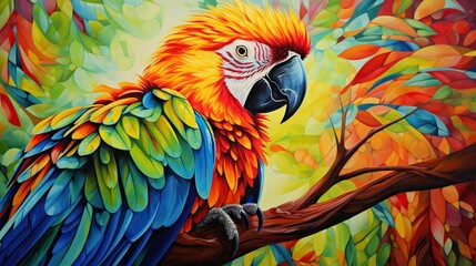 Fototapeta premium a painting of a colorful parrot perched on a tree branch. generative ai