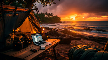 laptop on the beach at sunset with a tent - obrazy, fototapety, plakaty