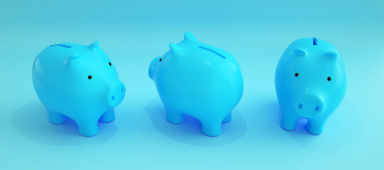 set of blue piggy banks over blue background. savings concept. Generic Piggy Bank, Penny Bank, Money Box. 3d rendering