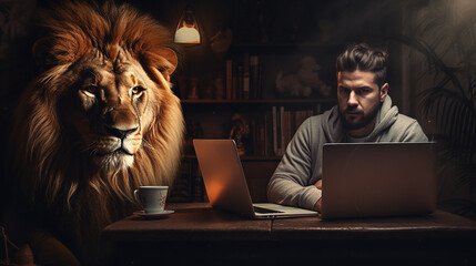 
Pessoa no computador com um leão atrás dele - obrazy, fototapety, plakaty
