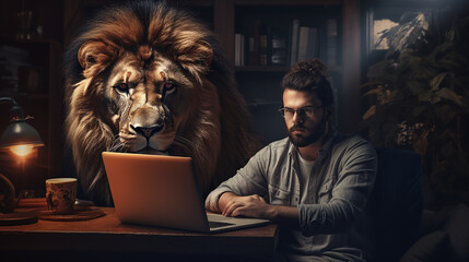 
Pessoa no computador com um leão atrás dele - obrazy, fototapety, plakaty