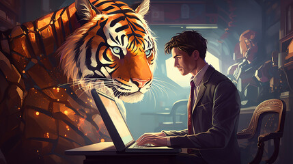 
Pessoa no computador com um tigre atrás dele - obrazy, fototapety, plakaty