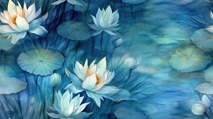 Obraz premium a painting of water lilies and leaves on a blue background. generative ai
