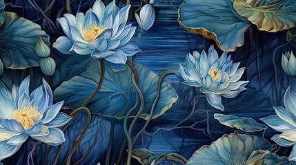  a painting of blue water lilies and leaves on a blue background.  generative ai