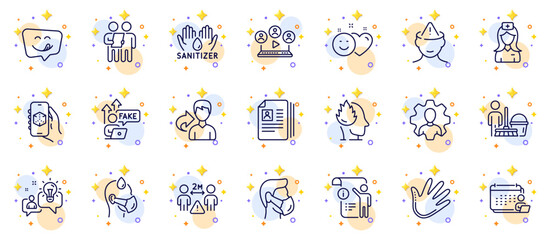 Outline set of Video conference, Yummy smile and Cv documents line icons for web app. Include Accounting, 3d app, Hospital nurse pictogram icons. Manual doc, Fake internet, Share signs. Vector