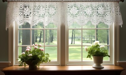 Old kitchen window in countryside cottage, romantic white lace curtains, retro old country scene.