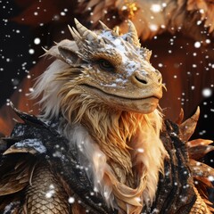 Portrait of a dragon with white scales and hair, dressed in a suit against the background of falling snow.