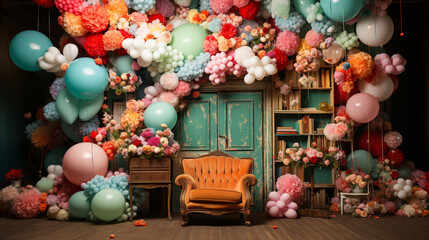 A whimsical photo studio filled with colorful balloons, creating a playful atmosphere