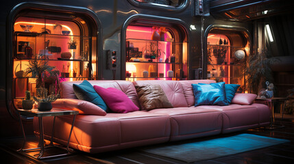 Obraz premium A studio with a futuristic vibe, where neon lights and metallic surfaces set a sci-fi mood