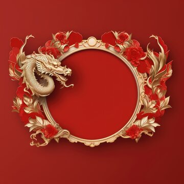 The golden dragon curled into a circle on a red background. A picture in the style of the Chinese new year. Generative ai