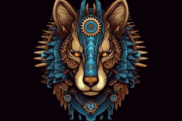 Wolf head illustration in fantasy Aztec and steampunk style. Generative AI