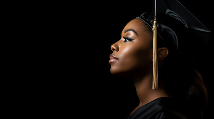 formanda graduada africana em fundo preto 