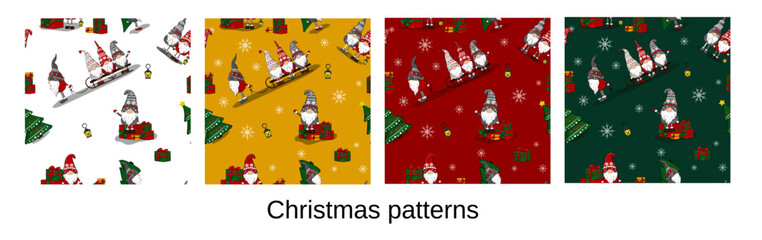 Christmas seamless pattern. New Year's pattern of cute gnomes with a Christmas tree and on a sleigh.