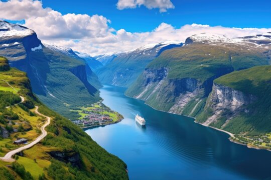 Breathtaking view of fjord with cruise ship