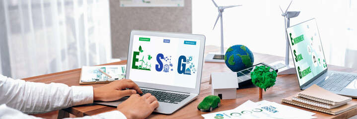 Go green for environmental awareness concept display on laptop on eco-friendly company meeting with...