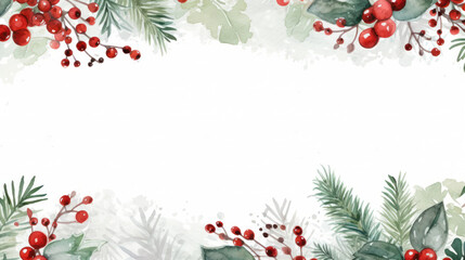 Fototapeta na wymiar Watercolor Christmas background with green leaves and holly berries, Winter frame template, Copy space. Generative AI