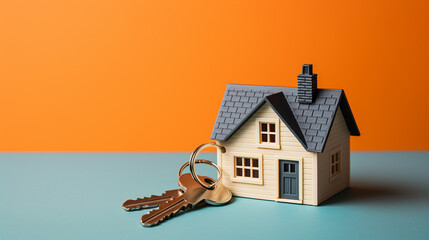 real estate agent with house key and house model on white background. real estate concept