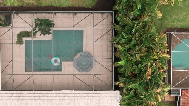 Aerial Above view of screened in pool and lanai in florida house. Top down aerial shot