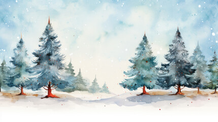 Watercolor Winter Christmas tree forest background with snow, Frame template, Copy space. Generative AI