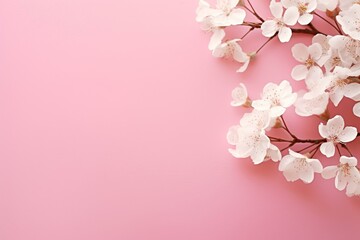 White flowers on pink background, spring background with copy space. Generative AI - obrazy, fototapety, plakaty
