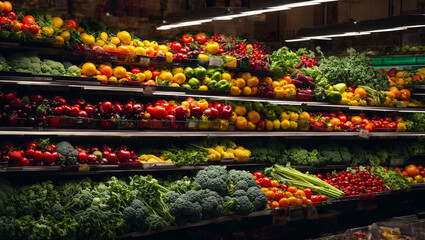 Fototapeta na wymiar Various fresh vegetables and fruits on supermarket shelves
