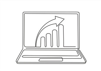 One continuous line drawing of computer laptop with a chart on it. Single line draw design vector illustration