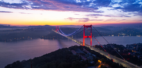 Aerial view of Fatih Sultan Mehmet Bridge in Istanbul, Turkey. Beautiful sunrise view of Istanbul...