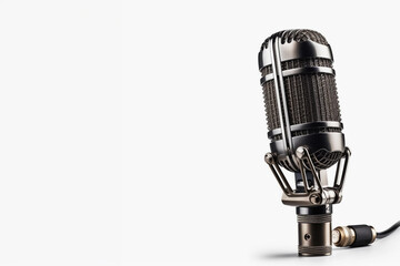 An antique microphone set off against a white backdrop.  - obrazy, fototapety, plakaty