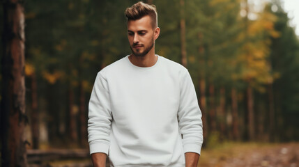 Man model posing, Blank white sweatshirt mockup, Empty sweater template, Fashion advertising display. Generative AI - obrazy, fototapety, plakaty