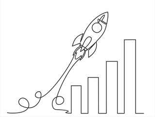 continuous line drawing of Rocket launch, ship and increasing up arrows bar graph.Continuous line drawing. Startup business. Vector illustration. Isolated on white background.  © mitay20