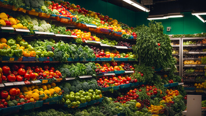 Various fresh vegetables and fruits on supermarket shelves