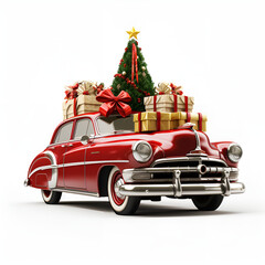 Cute christmas watercolor red retro car with christmas tree lies on it.