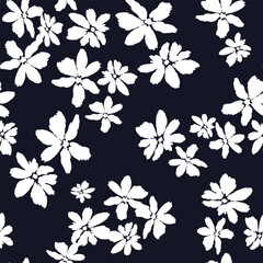 Seamless pattern of white flowers on dark blue background. Abstract botanical floral shapes brush strokes. Plants, flowers, collage. Vector monochrome modern design, banner, cover, wallpaper
