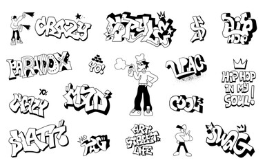  graffiti drawings words hip hop style doodles collection , isolated vector design element