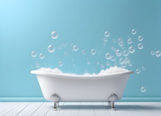 classic white bathtub with foam and bubbles on pastel blue background