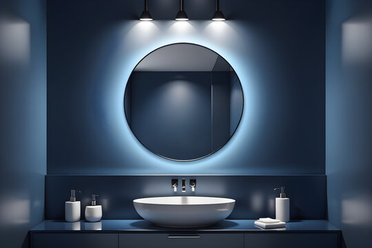 large round mirror with backlight in modern dark blue minimalist bathroom
