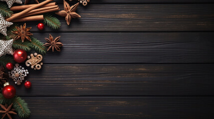 Fototapeta premium Christmas ornament decoration on dark wooden background, copy space. Generative AI