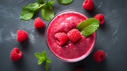 Glass of Raspberries smoothy, flat lay, morning healthy breakfast, natural lighting, bright food photography, professional photography, high quality, Food magazine photography