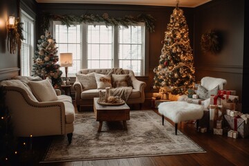 Obraz premium Festive holiday decor in a cozy lounge. Generative AI