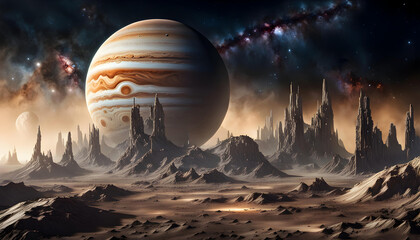 fantasy space artwork with Jupiter rising over the surface of one of its moons with stars and nebula in the sky - obrazy, fototapety, plakaty