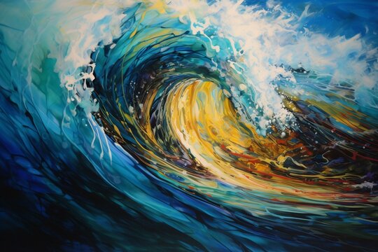 A wave painting with a vibrant yellow and blue center amidst ocean waves. Generative AI